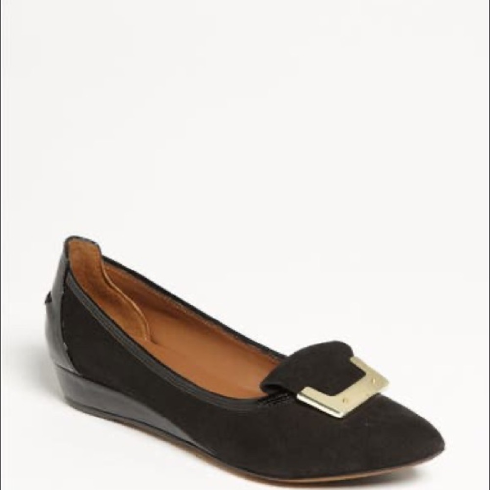 Donald J. Pliner Black Suede Wedge Flats with Gold Accent